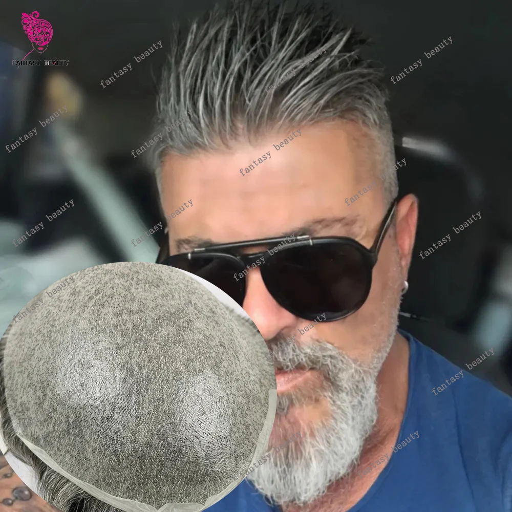 

Vloop 0.02mm Ultra-thin PU Skin Grey 1b65 Human Hair Blonde Mens Toupee Undetectable Natural Front Realistic Hairline Prosth Wig