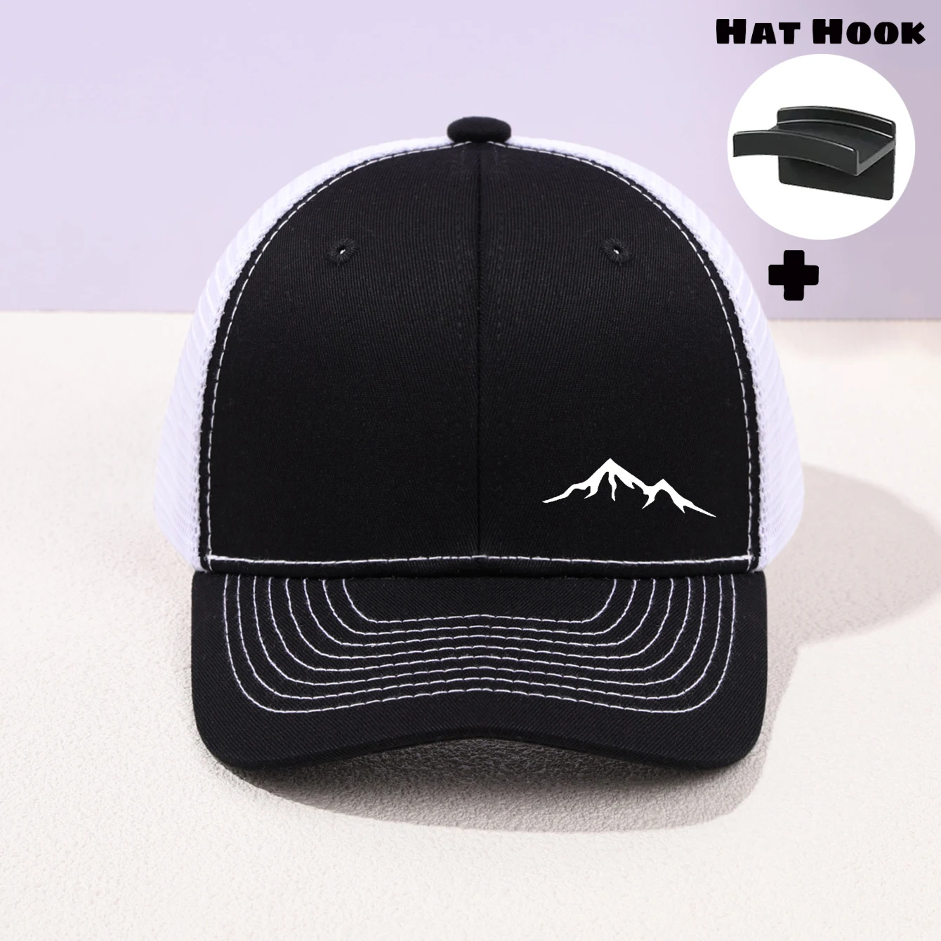 Hat +hat hook,slightly curved brim baseball cap mesh breathable sunshade trucker cap printed duckbill cap,Suitable for outdoor