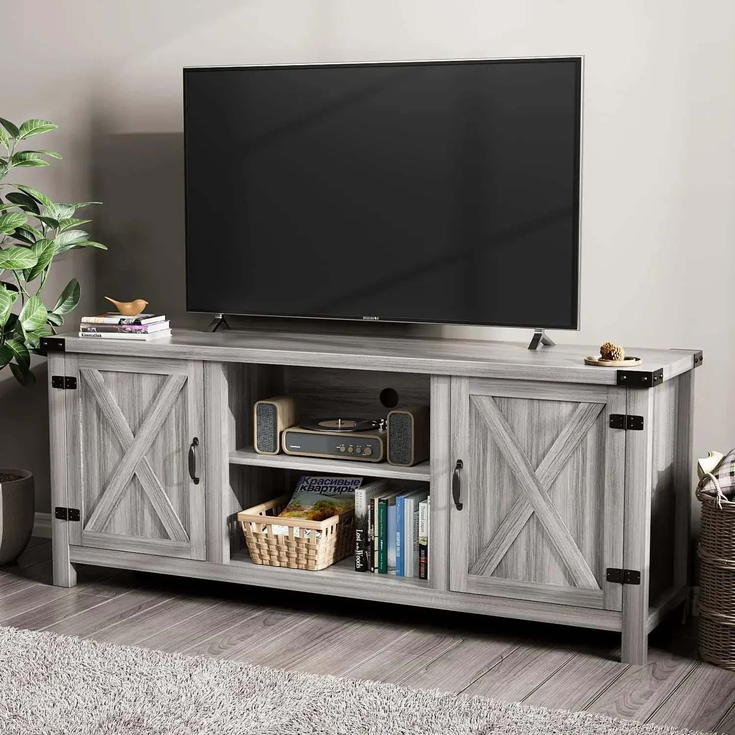 Farmhouse TV Stand with Two Barn Doors and Storage Cabinets for Televisions up to 65+ Inch, Entertainment Center