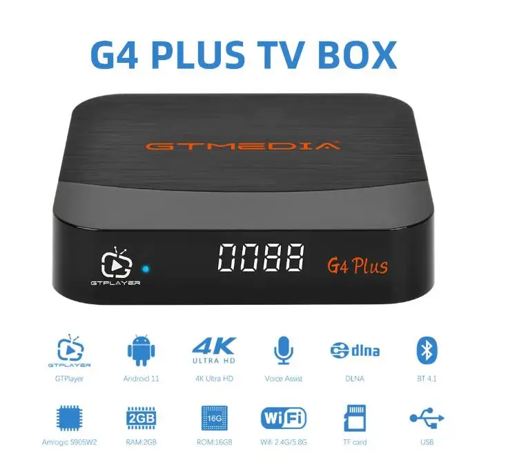 Gtmedia-g4 بلس صندوق تلفاز ذكي ، أندرويد 11 ، أملوجيك 905w2 ، بلوتوث ، صوت التحكم عن بعد ، واي فاي ، uhd ، 4k ، ثلاثية الأبعاد ، 2gb + 16gb ، فك التشفير