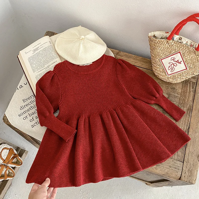 Baby Girls Knitted Dress 2024 New Fahsion Children Princess Autumn Winter Dresses Puff Sleeve Red Sweater Dress Japanese Style