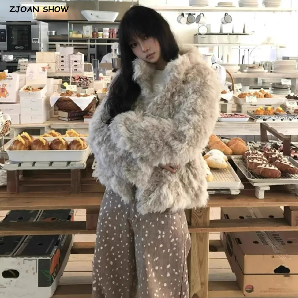 

New Winter Tie dye Gradual Gray Hairy Curly Faux Sheep Fur Coat Women Stand Collar Loose Warm Shaggy Jacket Vintage Outerwear