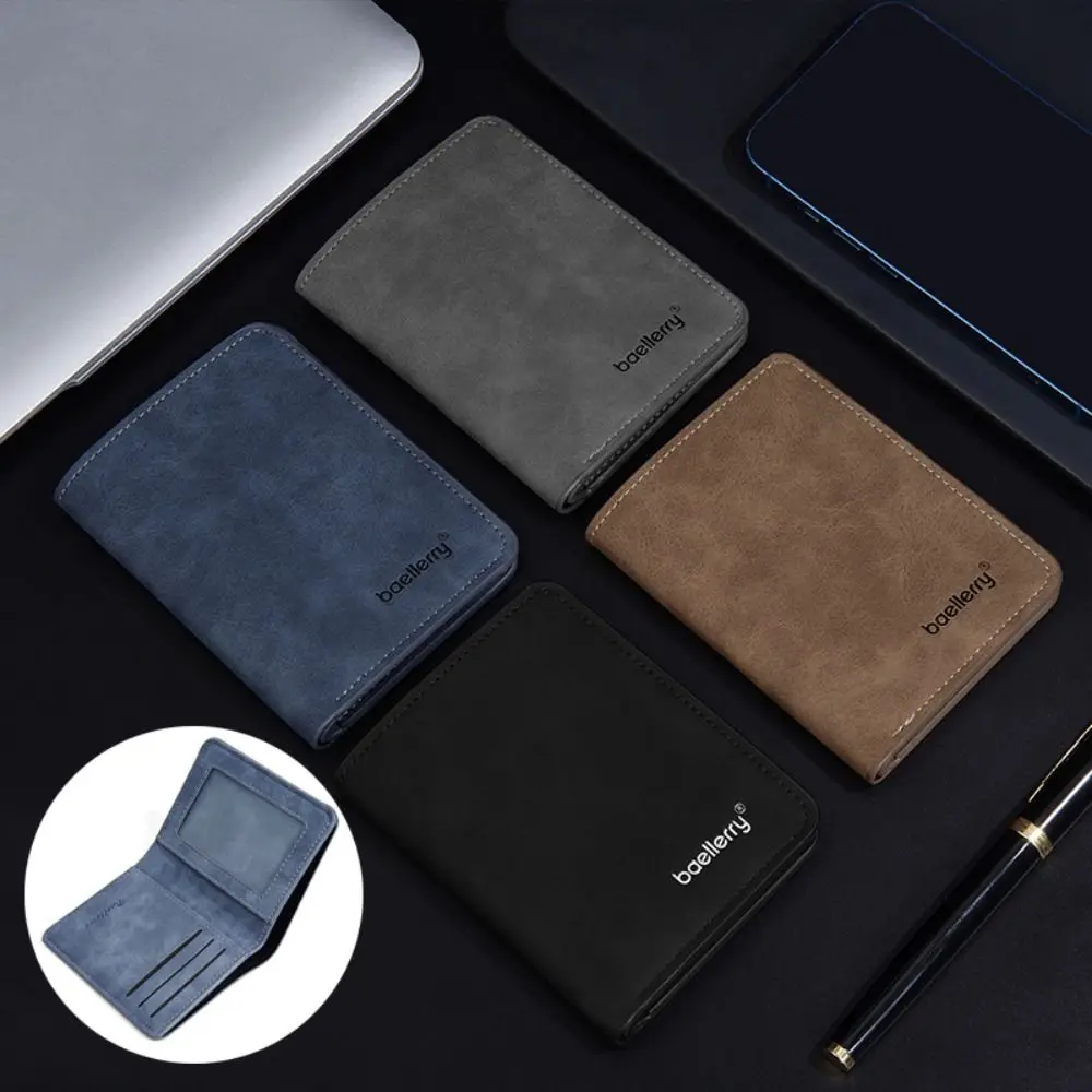 

Simple Sanded Leather Men Wallets Short Foldable Card Holder Coin Purse Business
