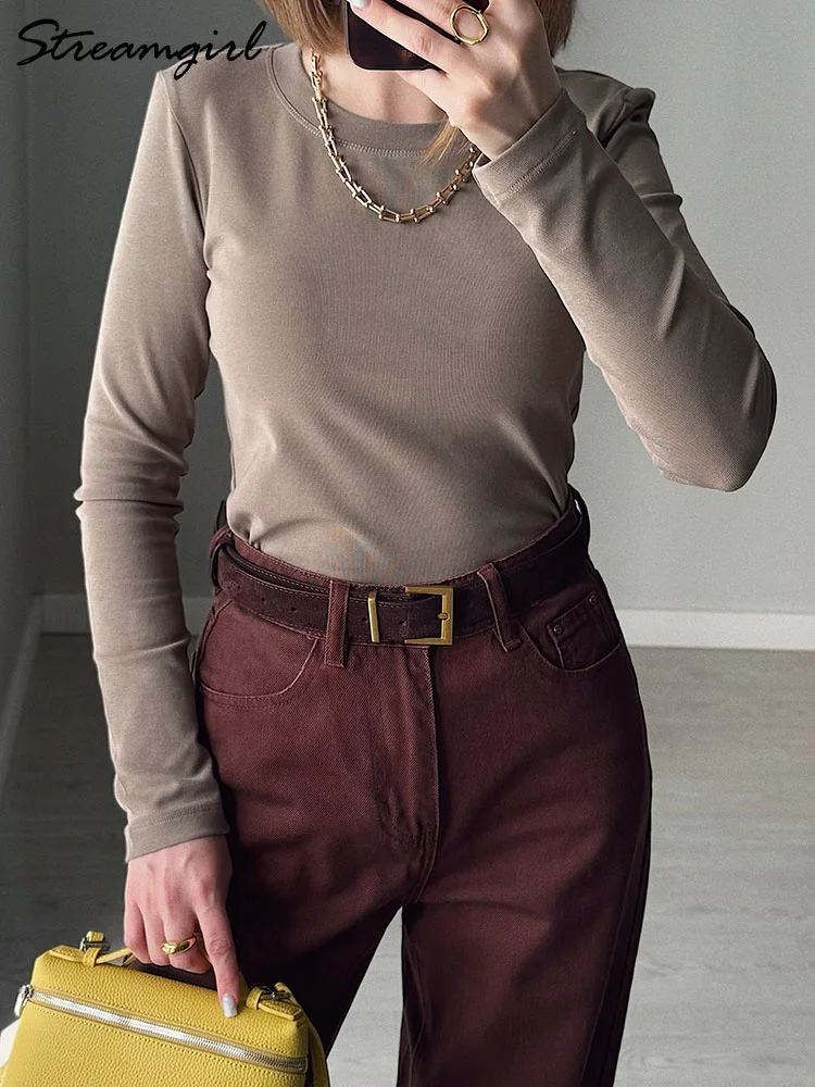 

Autumn Crop Long Sleeve T Shirt Women Cotton Basic Coffee Tees Ladies Office Basic Slim Tshirts women Bottoming Long Sleeve Gray