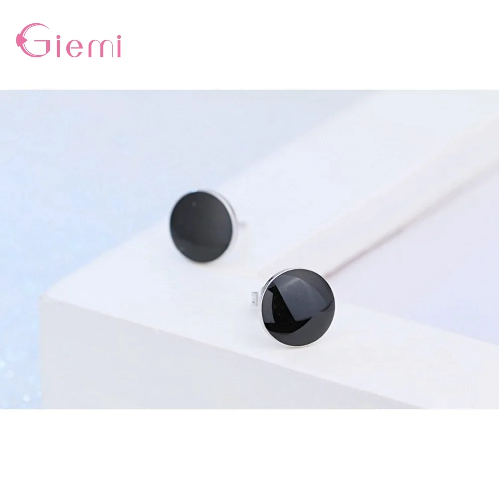 Boutique Women Round 925 Sterling Silver Ear Stud Vintage Engagement Party  Pierced Black Stone Earrings Jewelry Gifts
