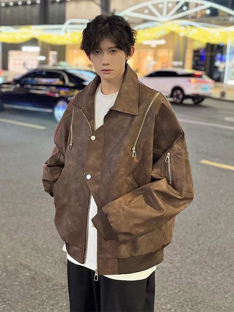 

American Sle Leather Jaet Flight Suit Men's Model Vintage Spring Autumn High-End Cool Brand Youth Faion Stand Fit