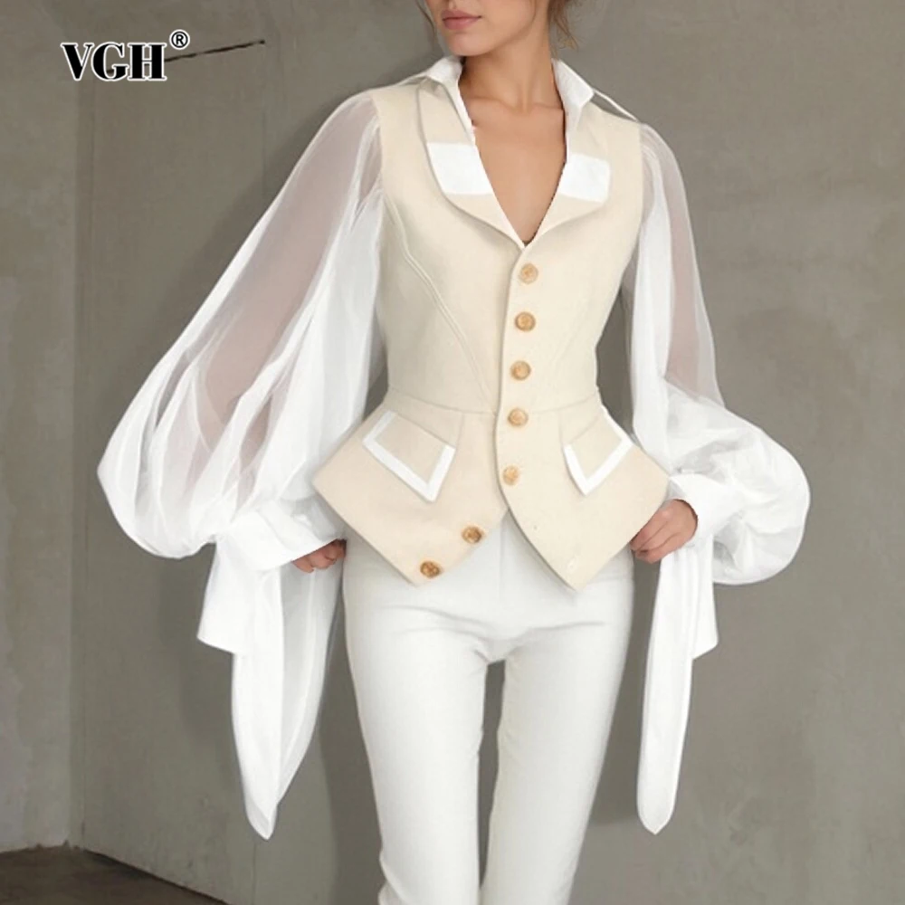 

VGH Solid Spliced Single Breasted Coats for Women Notched Collar Lantern Long Sleeve Slimming Chic Coat Female Fashion Sstyle