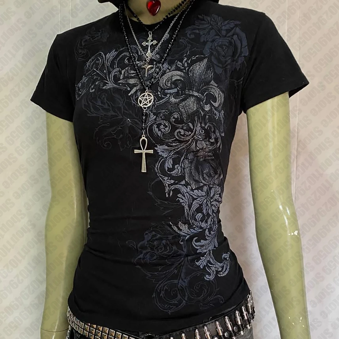 Y2K Punk Gothic Women T‑Shirt Dark Rose Baroque Pattern Short Sleeve Crew Neck Slim Fit Casual Street Tee Shirts