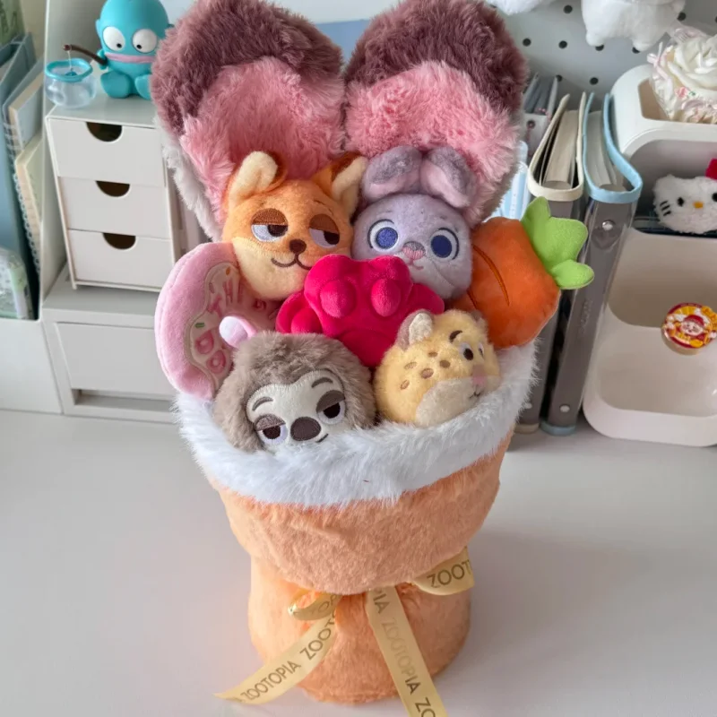 Disney zootopia nick & judy boneca de pelúcia série pequena reunião momentos anime figura com buquê de flores presente do dia dos namorados