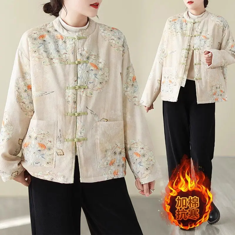 Chinese Style Cotton And Linen Printed Jacket For Women Autumn Winter Cotton Padded Coat Double Breasted Buttoned Top K2474