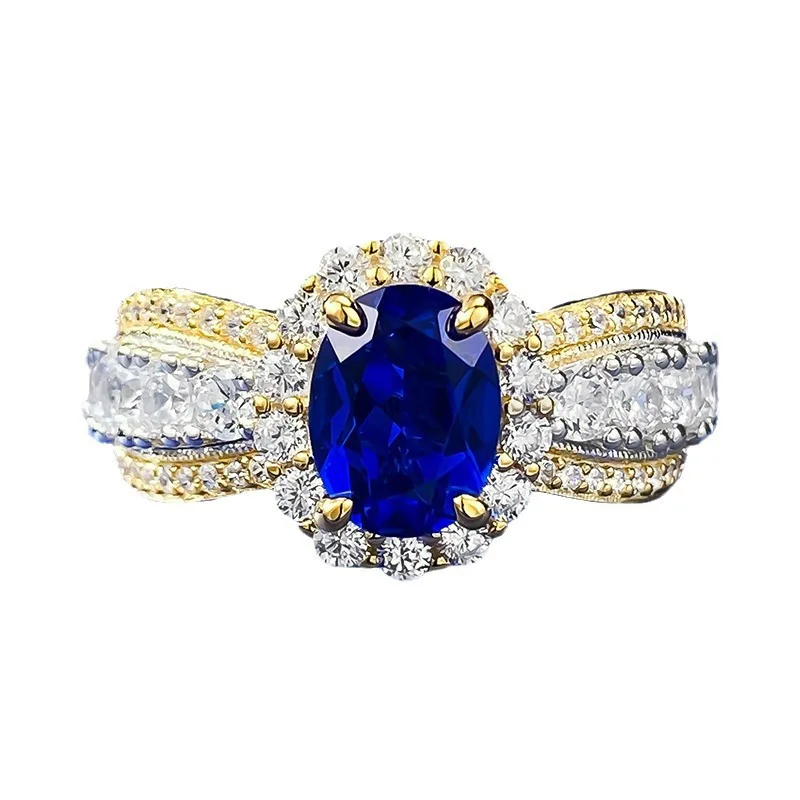 925 Sterling Silver Two Tone French Lace Ring 6*8mm Oval Simulated Royal Blue Sapphire Halo Split Shank Engagement Wedding Ring
