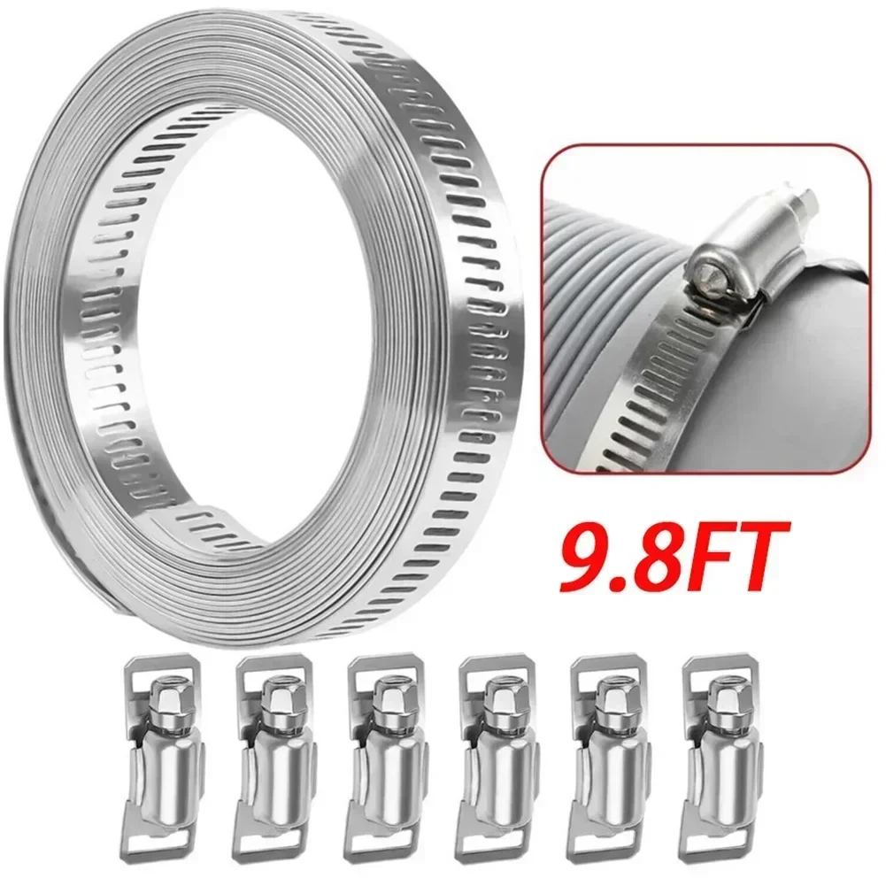 9.8 Feet Adjustable Large Hose Clamp Worm Gear Stainless Steel Clamp + 6 Fasteners 3 Meters Long 8mm Wide Steel Belt + 6 Buckles