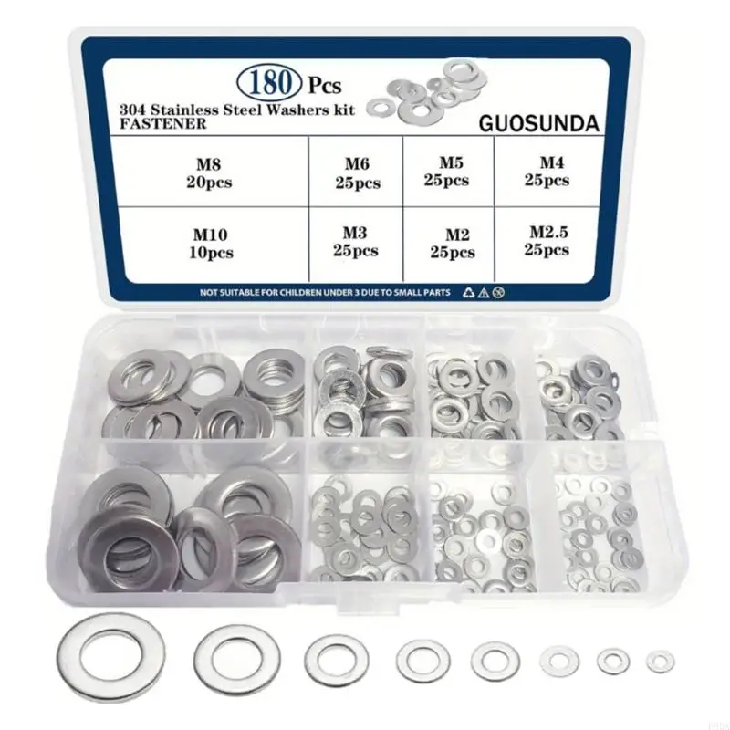 

180PCS 304 Stainless Steel Flat Washer Assortment Kit M2M2.5M3M4M5M6M8M10 Sealing ring Washers Gasket Spacer Shim for bolt screw