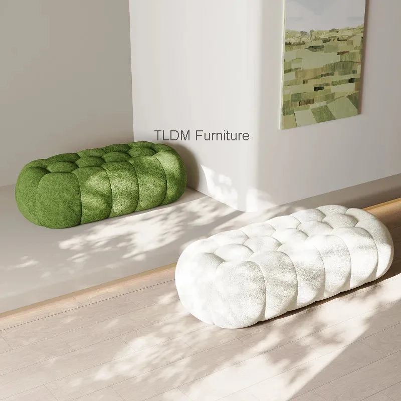 Modern Bubble Tufted Soft Fabric Bench, Plush Cushioned Seat, Stylish Ottoman for Living Room Home Furniture Decor