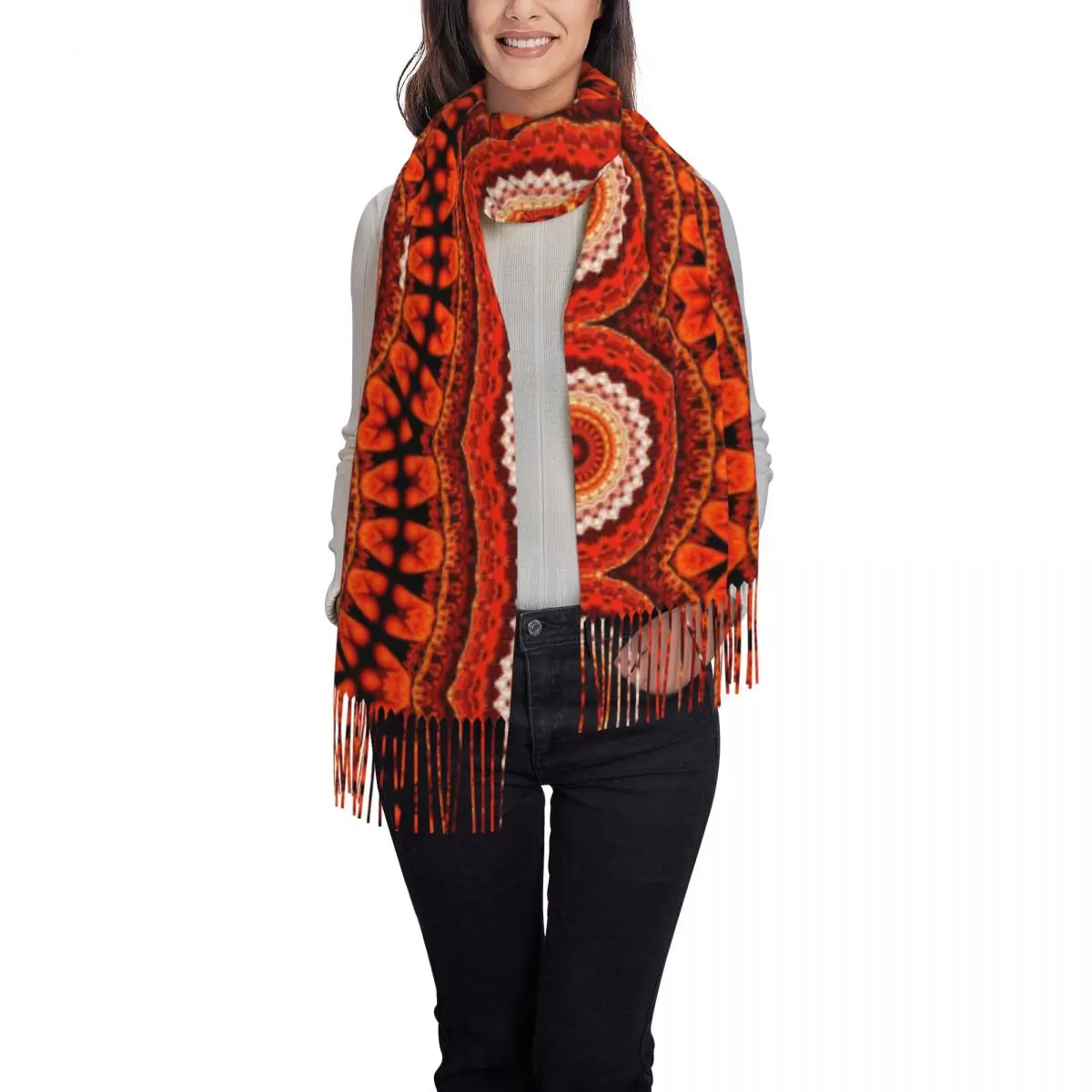 Lady Long Mexican Style Red Orange Mandala Flowers Stripe Scarves Women Winter Fall Thick Warm Tassel Shawl Wrap Scarf