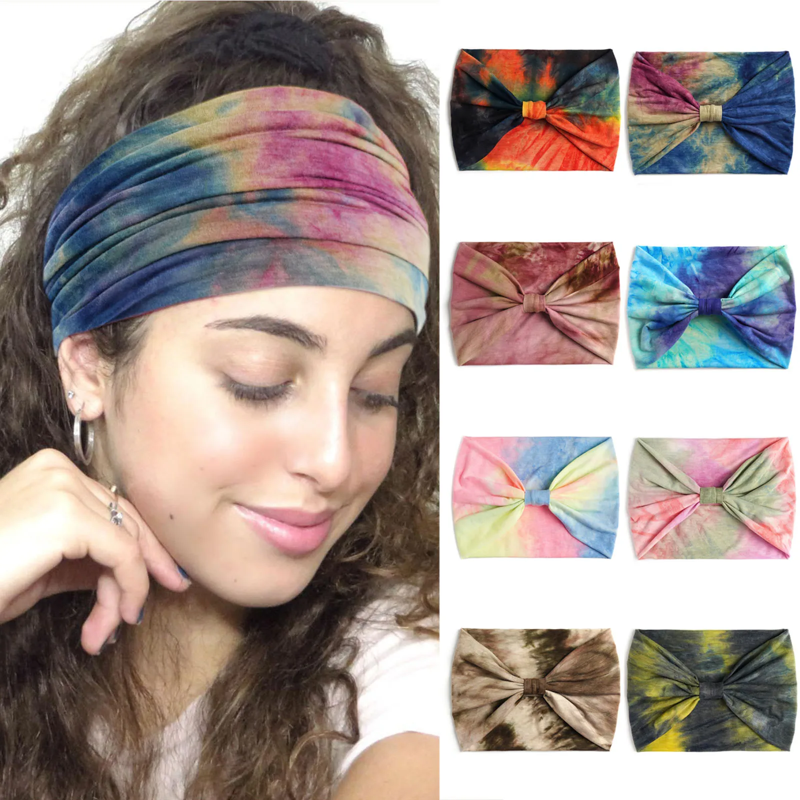 Wide Headbands Women Tie Dye Rainbow Knot Elastic Turban Hairbsports Elastic Sweat Absorbing Headbheadwrap Accessories