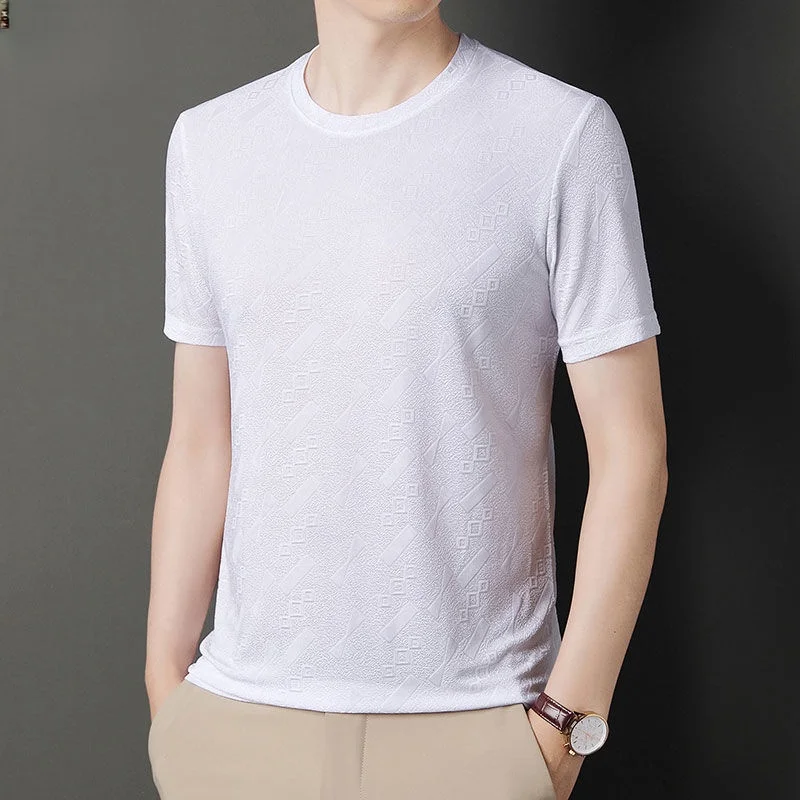 Trendy Chinese Style Round Neck Jacquard Weave Ice Silk Fabric Men's Round Neck Fashion Casual Short Sleeve Slim Fit T-shirt Top