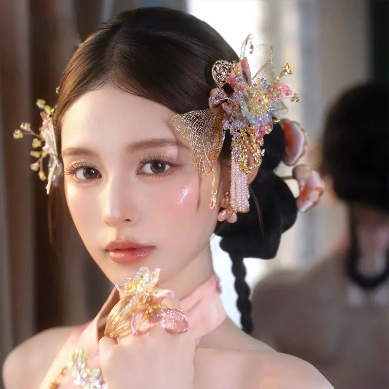 New Chinoiserie Pink Filigree Flower Hairpin Super Fairy Cheongsam Dressing Gown Piece Jewelry Artist Makeup Wedding Hairpin