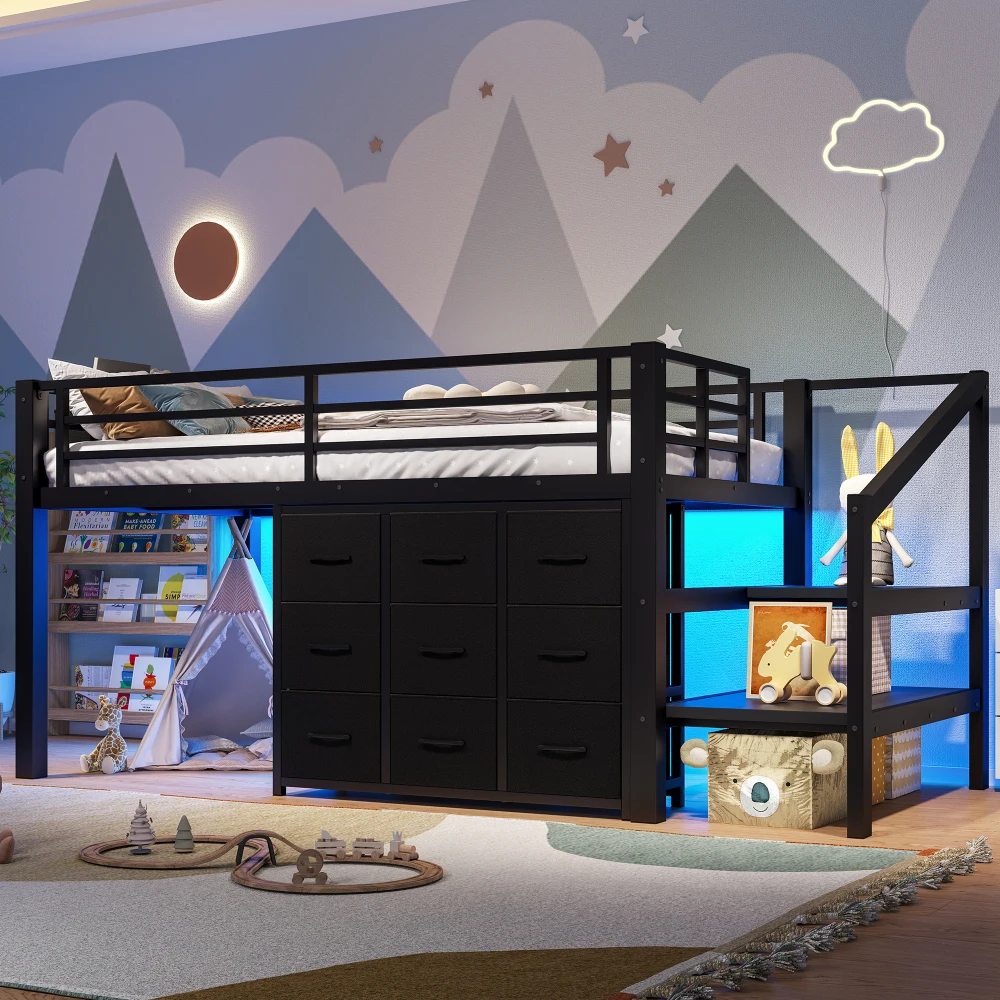 

Двухъярусная кровать Twin Low Loft с многофункциональным хранилищем (тканевые ящики, полки, лестница), металлический каркас, подсветка и просторное пространство под кроватью, черный цвет