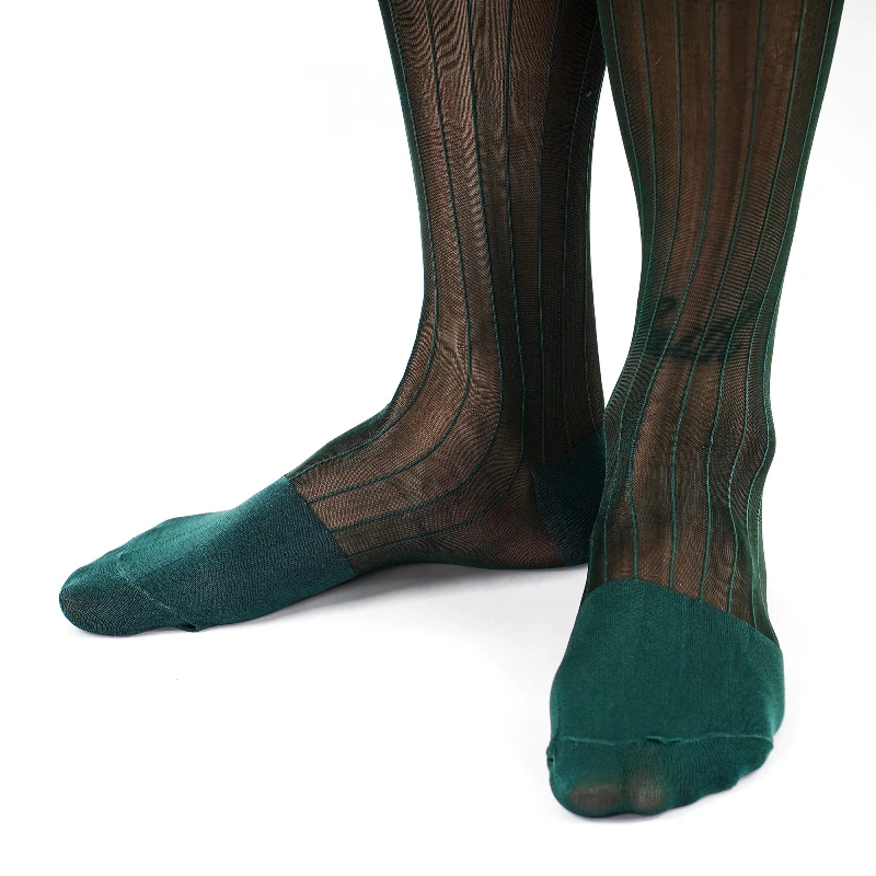 Mens Summer Ultra Thin Soft Breathable Knee High Business Nylon Socks Gifts Dress Green Striped Man Long Socks Formal Stockings - view 5