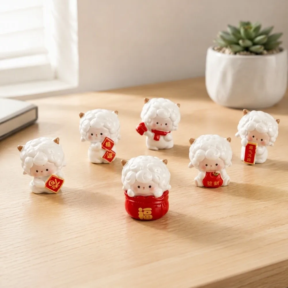 6PCS Chinese Traditional Miniature Lamb Ornament Cute Resin Little Lamb Ornament Festive Blessing Zodiac Sheep Figurine