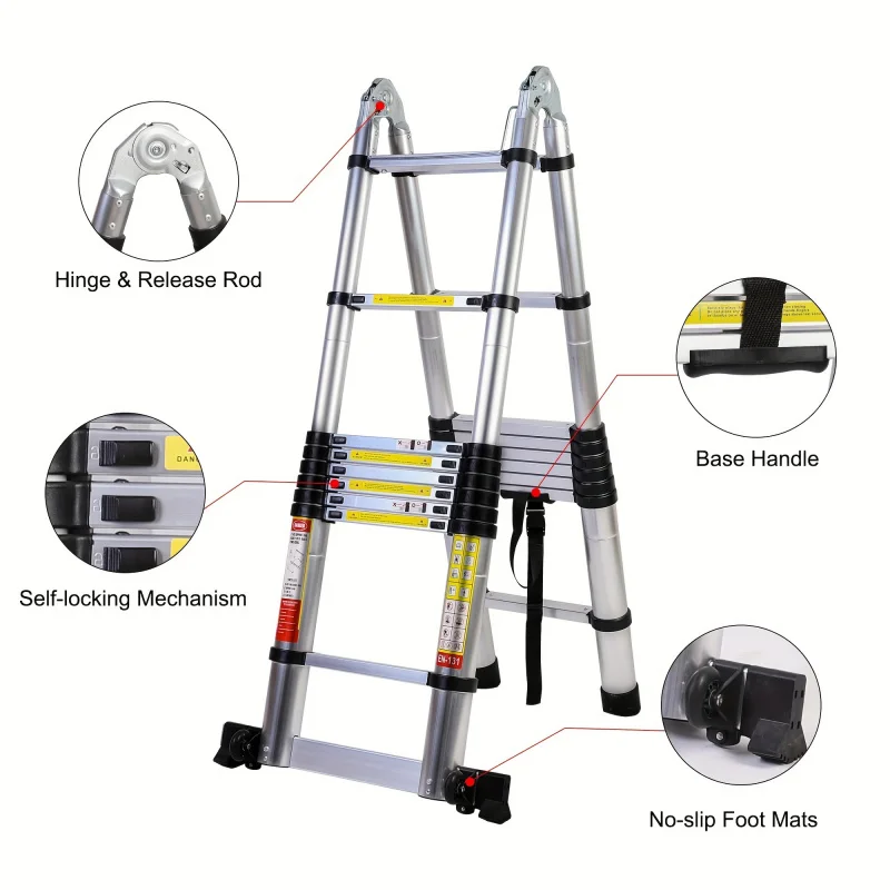 Telescoping Ladder With 12.5 Feet A-frame, Aluminum Extension Ladder With Balance Bar And Wheels, Compact Ladder