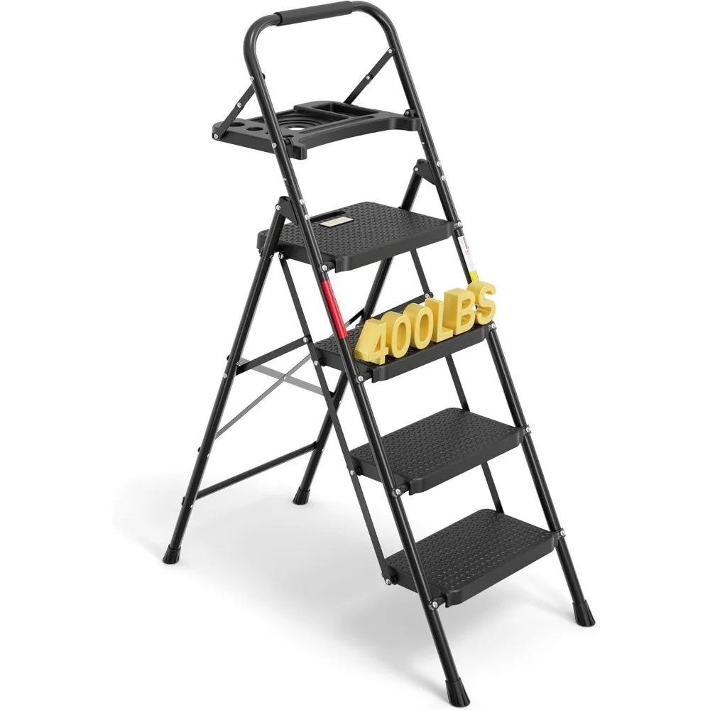 

Folding 4 Step Ladder 400lbs Capacity Steel Step Stool with Handrail Tool Tray Anti-Slip Pedals Portable for Home Office