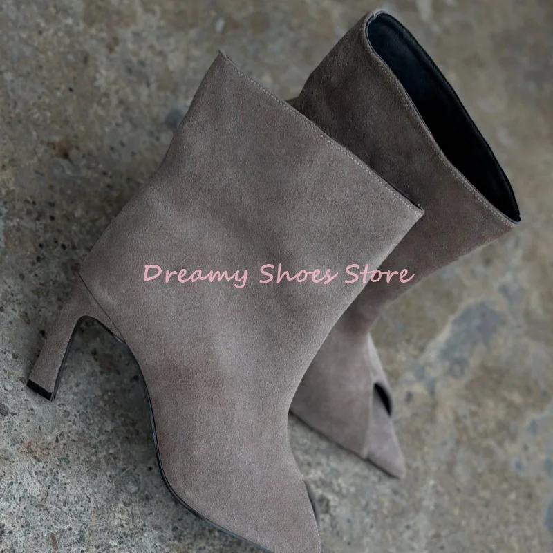 Botines de ante gris, estilo original, con diseño de sandalias, para mujer, con punta abierta y punta afilada, botines hasta el tobillo, estilo urbano, para fiestas, calzado de otoño, nuevo modelo.