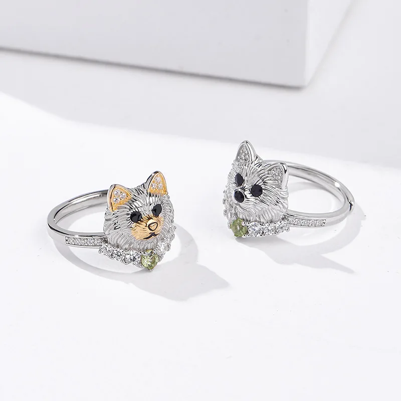 BOCAI New S925 Pure Silver Light Luxury Niche Inlaid With Olivine Cute Pet Dog Engagement Ring Women's Selected Gift