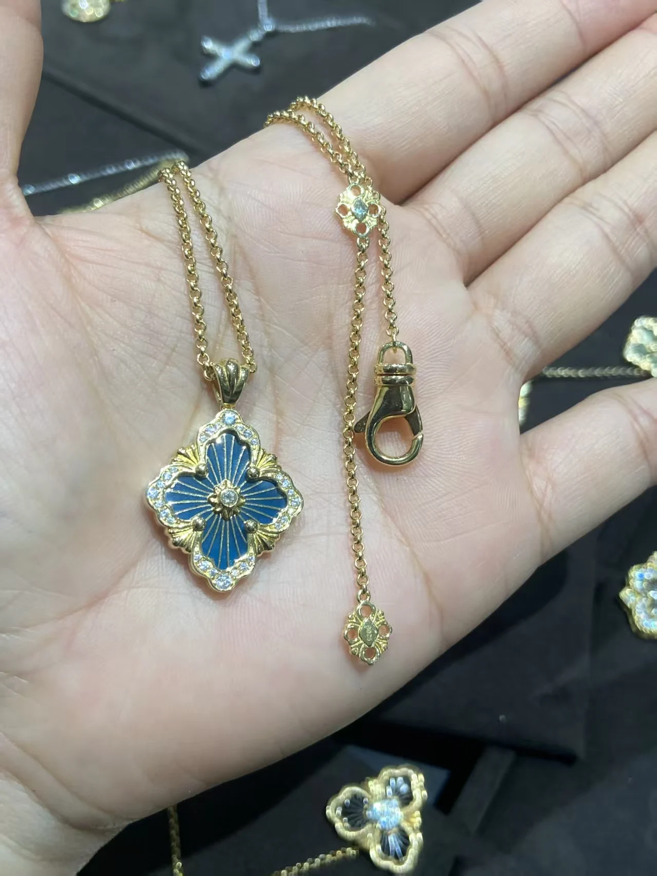 Encounter Timeless Elegance,Unveil Dazzling Charm,Silver-inlaid Gold plated blue/green Enamel Necklace-Rivals Fine Jewelry