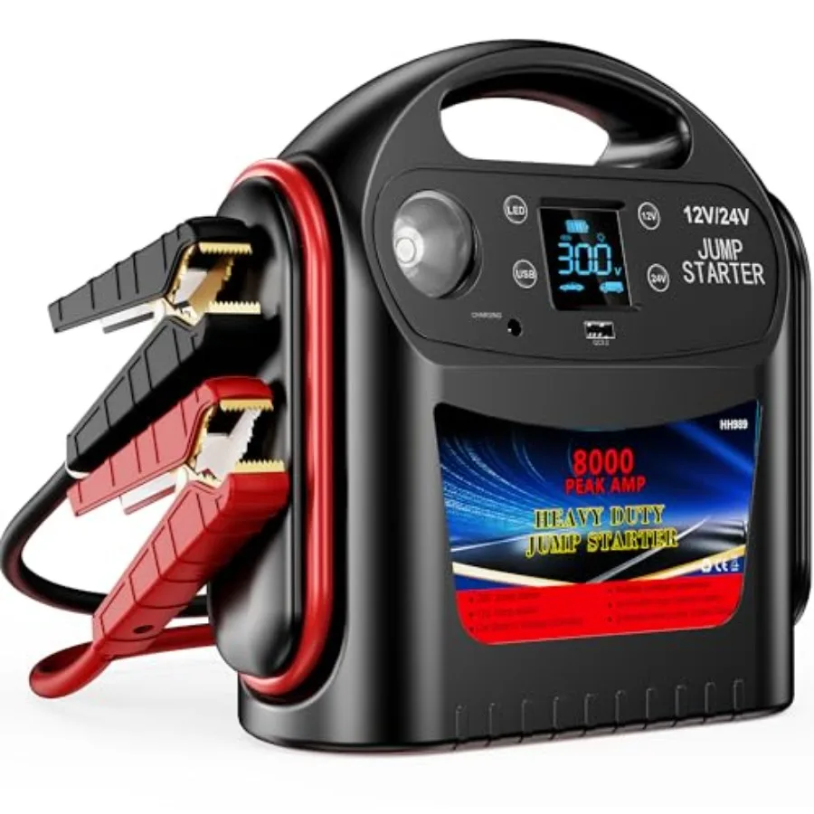

Heavy-Duty Portable Jump Starter for Trucks RVs Commercial Vehicles 8000A 12V/24V Force Start Digital Display LED Light USB Cha