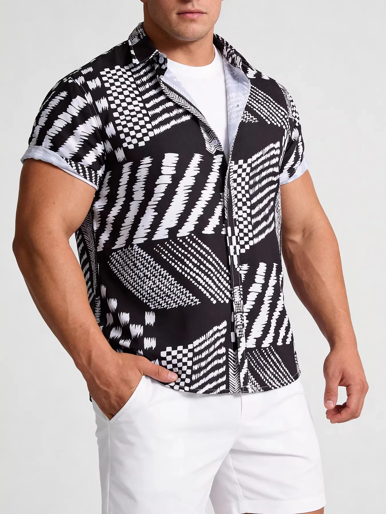 

Мужская модная повседневная рубашка с коротким рукавом на лето 2026 года, праздничный топ из полиэстера, приталенный крой, с принтом, на пуговицах