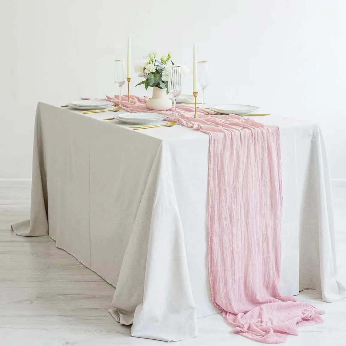 Elegant gauze cheesecloth table runner wedding banquet decor fancy blushing pink table runner