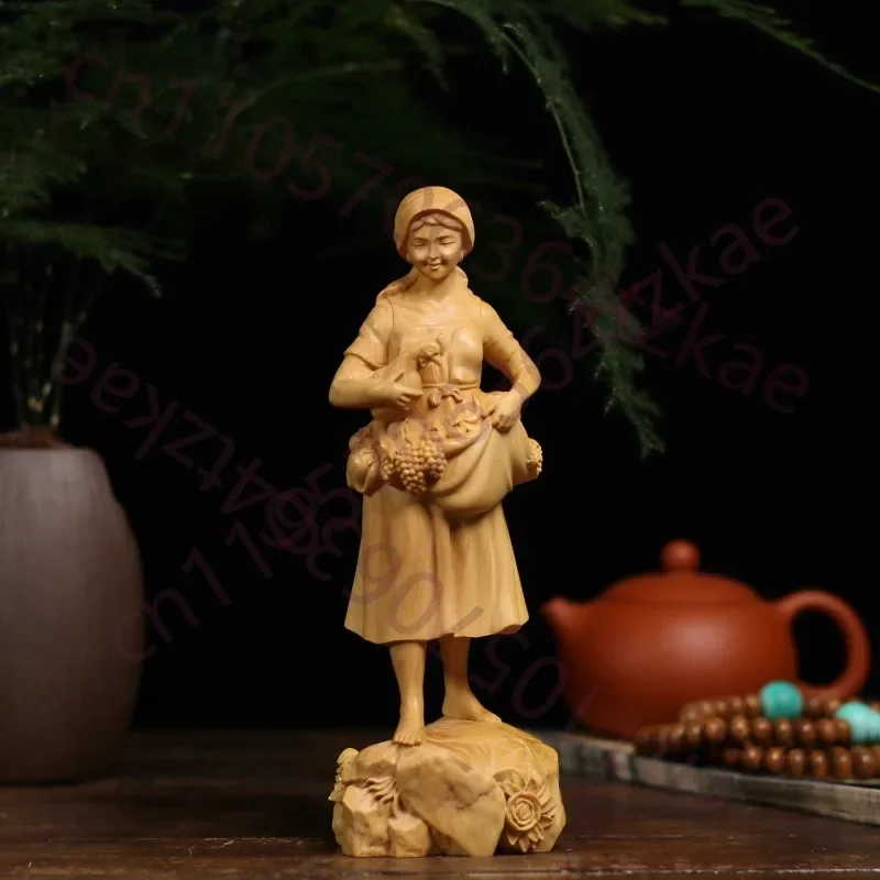Hand Carved Boxwood Wooden Farmer Woman Statue Figurine - Traditional Chinese Folk Culture Harvest Ornament Home