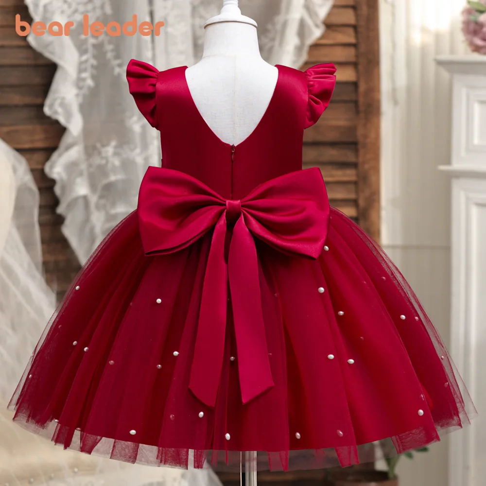 

Bear Leader Sweet Girl's New Year Dresses Red Sleeveless Pearl Mesh Christmas Princess Dress Bow Piano Performance Costume