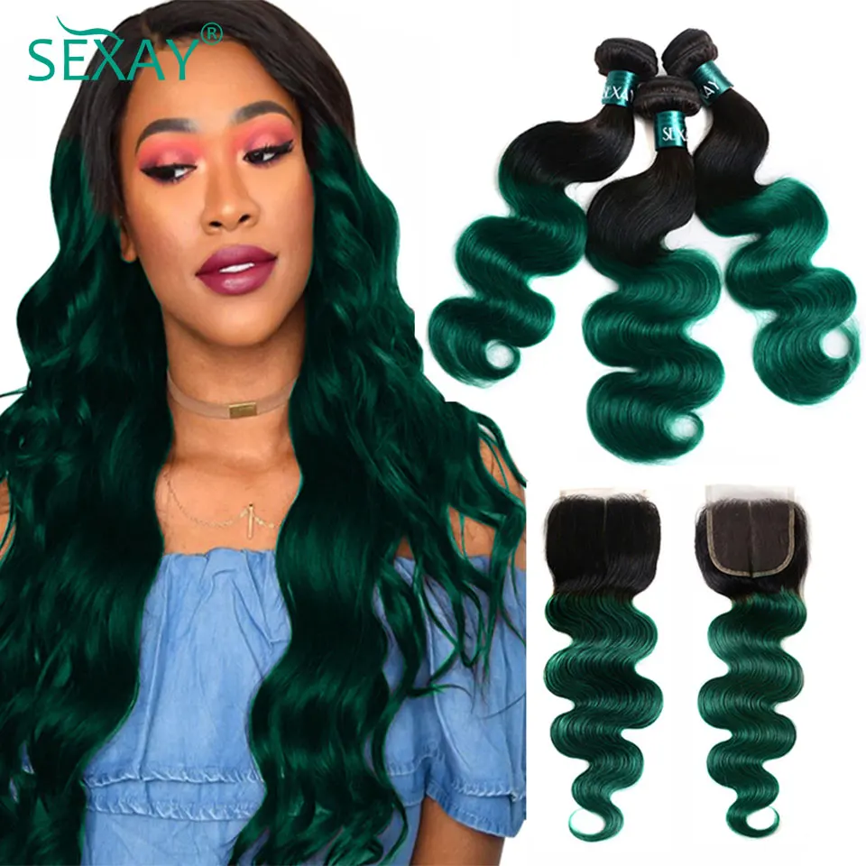 Extensiones de cabello humano brasileño, mechones de color verde degradado con cierre, ondulado, 1B, color turquesa, 3 piezas y 13x4, encaje Frontal