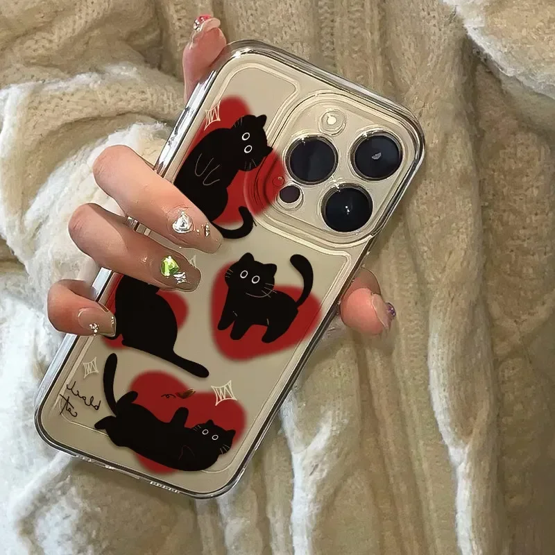 Black Cat Red Heart Kitten Phone Case For iPhone 16 11 12 13 14 15 Pro Max Mini XSM 7 8 Plus Stars Cats Cellphones Silica Covers