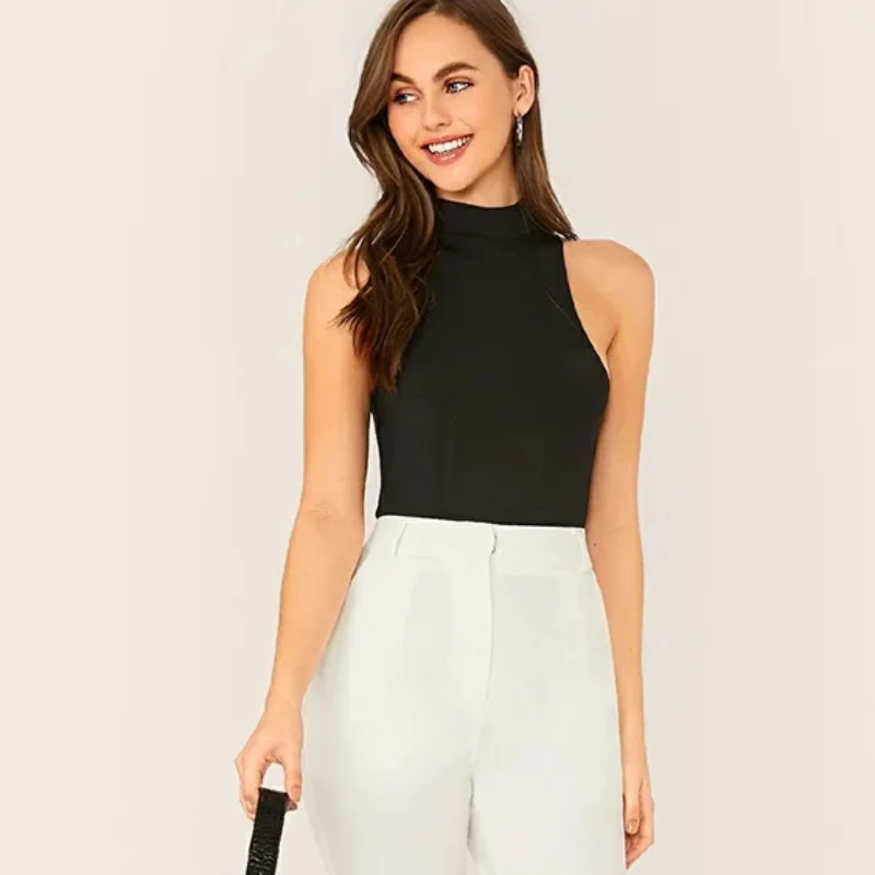 

Summer Solid Color Fashionable Temperament European American Mock Neck Sleeveless Tight Fitting Base Layer Bodysuit Wom Clothing