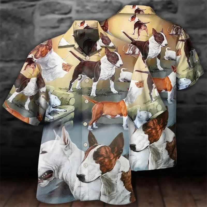 

3D Print Pit Bull Terrier Graphic Hawaiian Shirt For Men Short Sleeve Casual Button Up Shirts Tops Gift For Dog Lovers