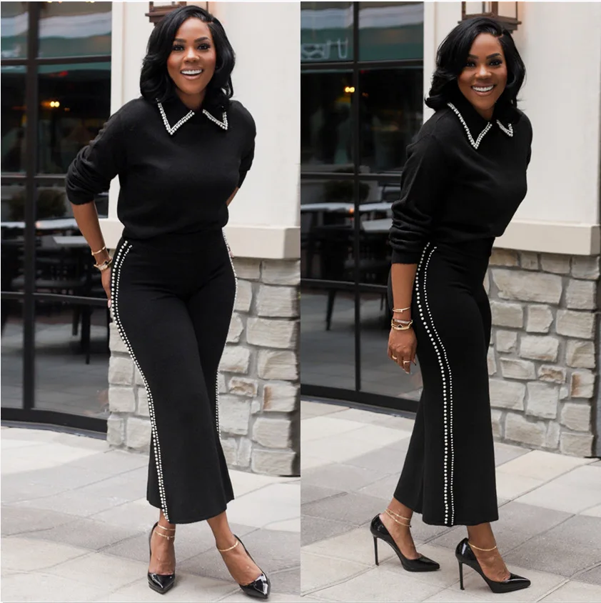 レディース ツーピース パンツセット 無地 マッチングセット パールトリム 長袖トップス ゴムウエスト ワイドレッグパンツ ルーズ カジュアル 2025春