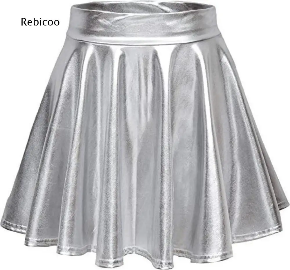 Metallic Shiny Flared Mini Skirt For Women High Waist Pleated Short Skirt For Costume Party And Entertainment Scene Dressing