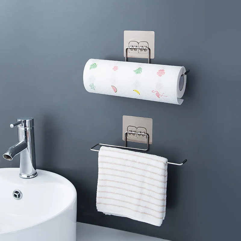 Kitchen Bathroom Roll Paper Towel Holder Drilling Free Wall Hook Type Stainless Steel Storage Hooks Rack Toilet Accessories