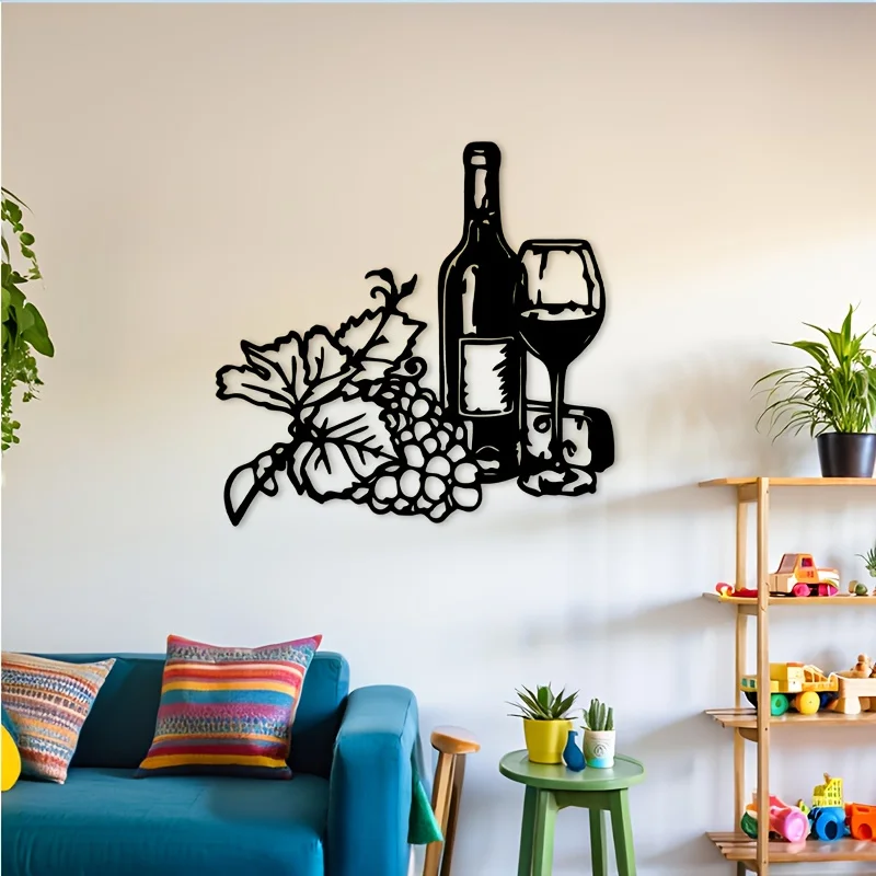 Wine Grapes Metal Wall Art Iron 2D Flat Minimalist Sculpture Kitchen Dining Cellar Hanging Mural Thanksgiving Decor Gift