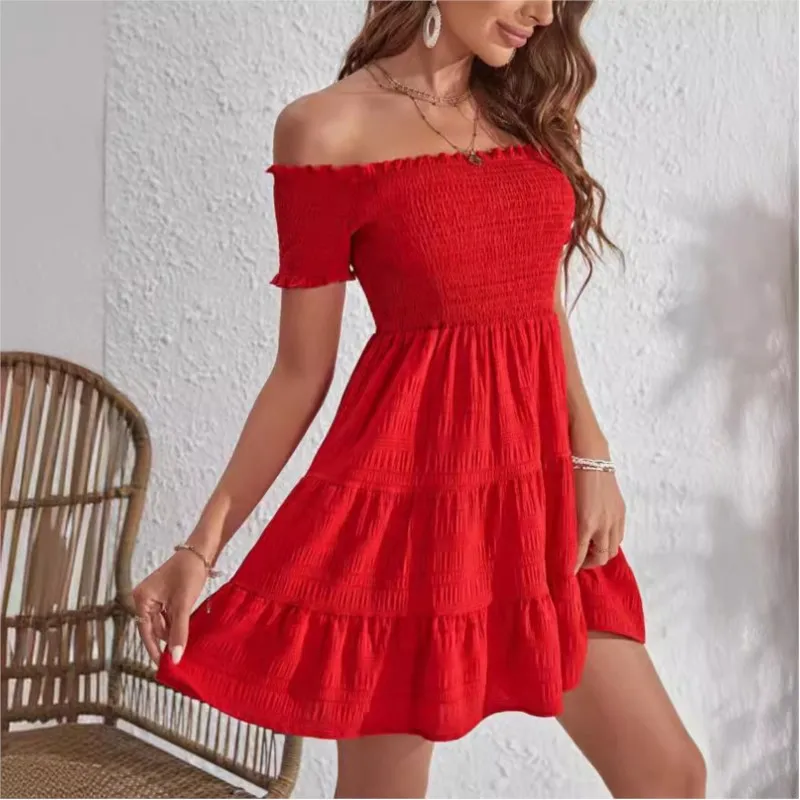 Women's Sexy Off Shoulder Mini Dress 2025 Summer Women's One Shoulder Red Bubble Sleeve Swinging Party Beach Women's Dress 