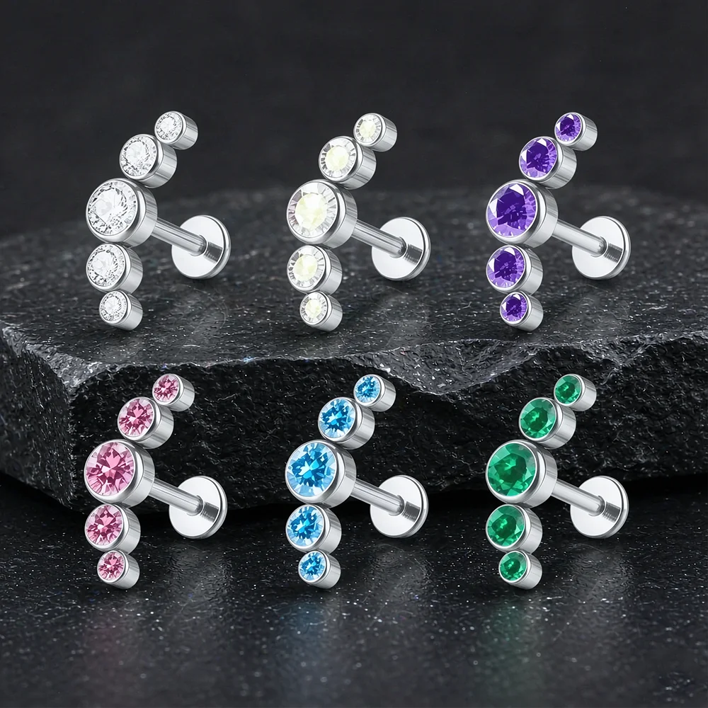 G23 Titanium 16G Internal Thread 5A CZ Medusa Flat Back Labret Earrings for Helix Tragus Cartilage - Body Jewelry Piercing