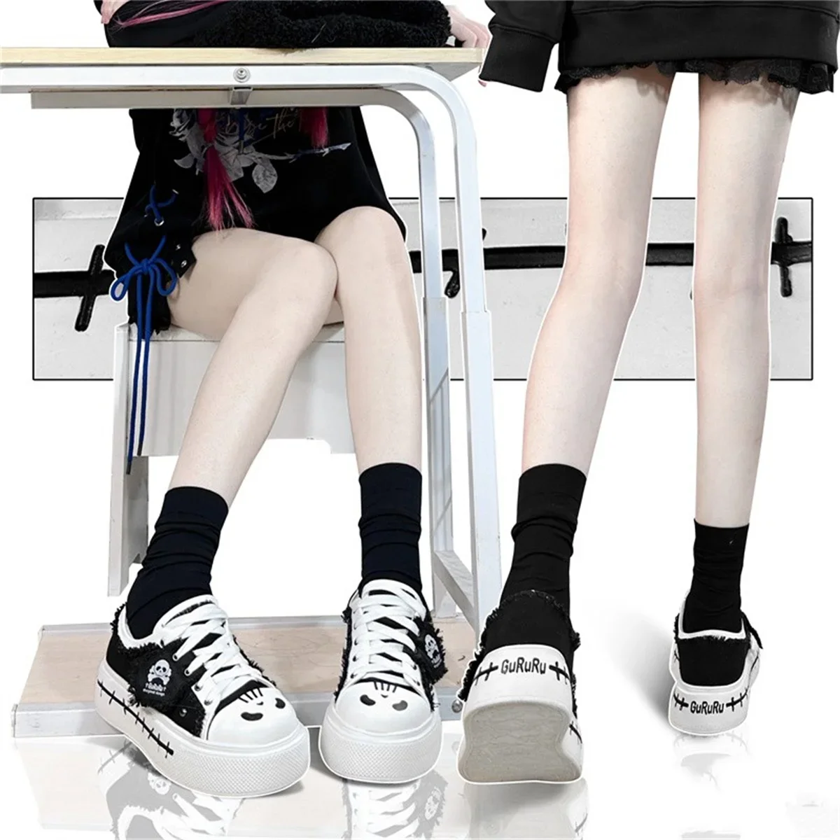 Japanese  College Style  Kawaii  Loli Girls Shoes Pirates  Flags  Scars Patterns Round Head Thick Bottom 4.5cm Canvas Shoes
