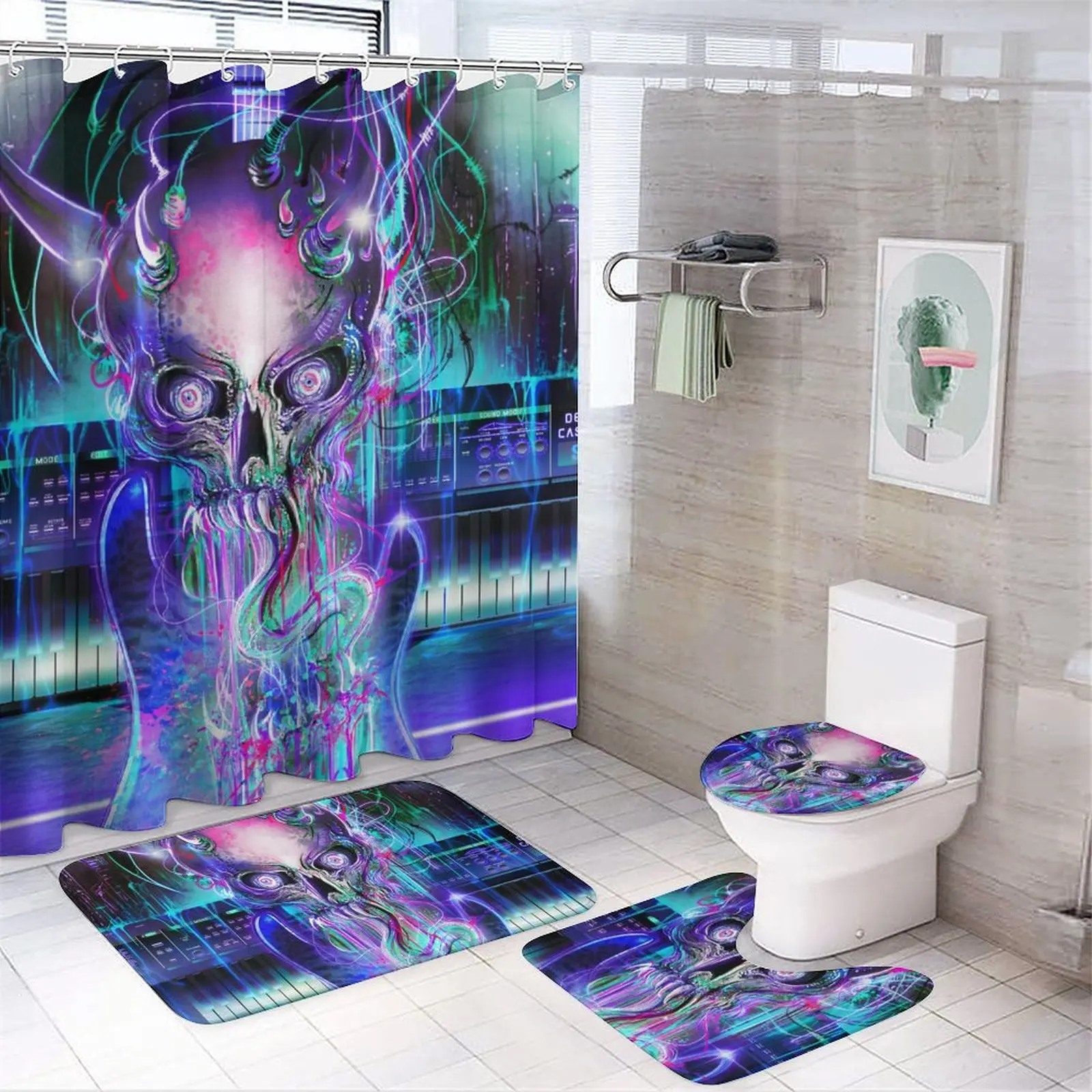 Set of 4 Printed Shower Curtain Decoration Bathroom Waterproof Cover Screen Cushion Toilet  Cover