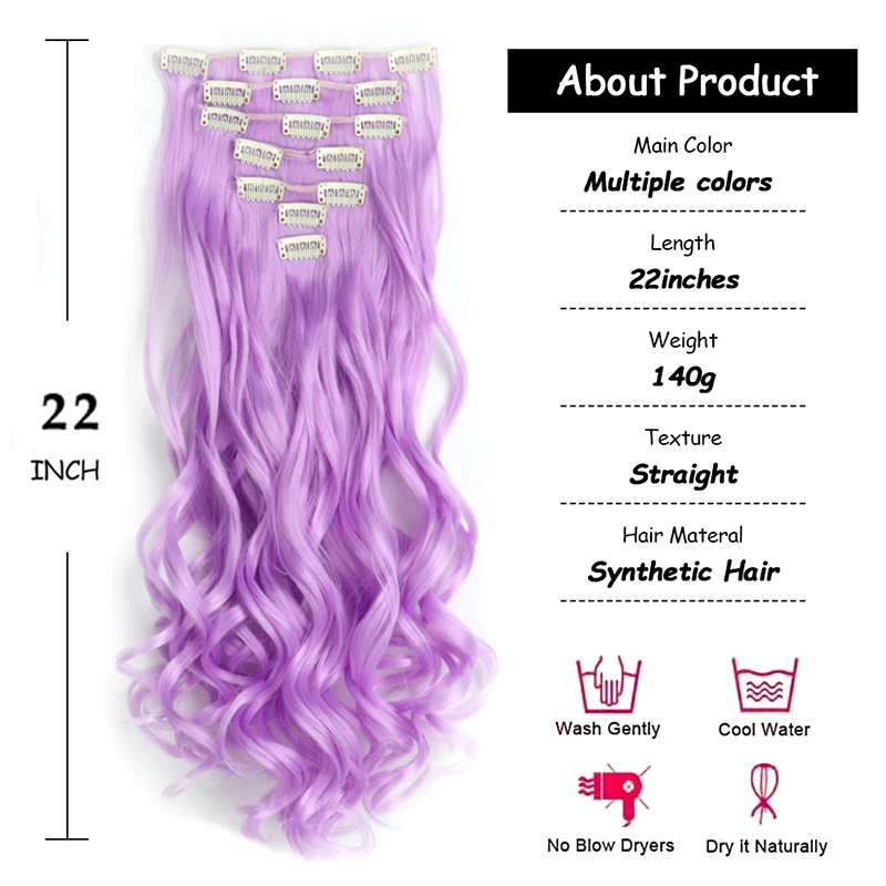 Paarse Clip In Hair Extensions 7 STUKS Volledig Hoofd 22 Inch Lang Krullend Golvend Synthetisch Haarstukken Natuurlijk Golvend Voor Vrouwen Meisjes Haar