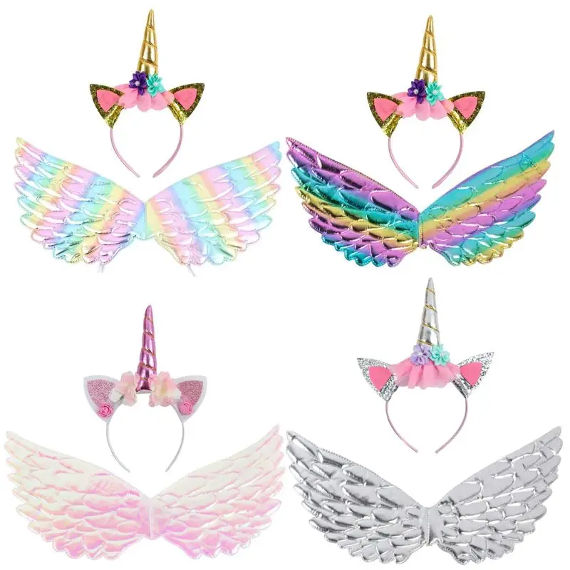 Rainbow Angel Wings Unicorn Headband Unicorn Theme Girls Birthday Party Decoration Photo props Baby Shower Supplies Kids Gifts