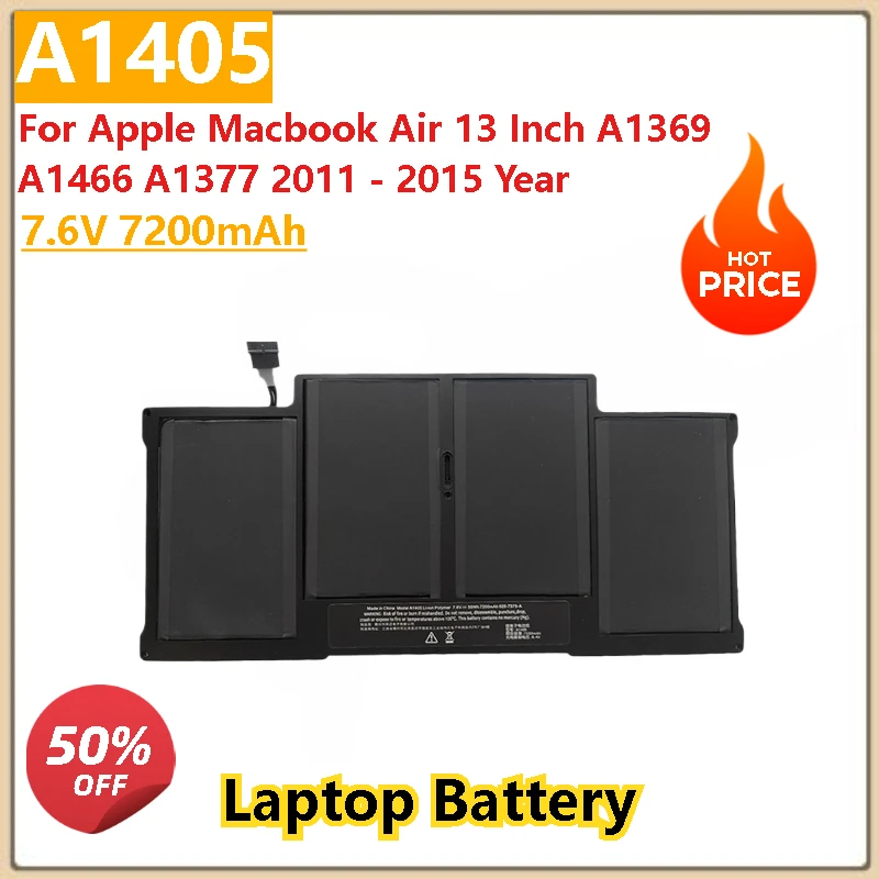 

New 7.6V 7200mAh High Quality Laptop Battery A1405 For Apple Macbook Air 13 Inch A1369 A1466 A1377 2011 - 2015 Year Batteries
